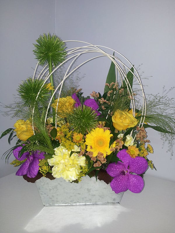 composition-florale-jardiniere-fleurs-orchidee-vanda-bleu-violette-rose-jaune-oeillet-santini-
